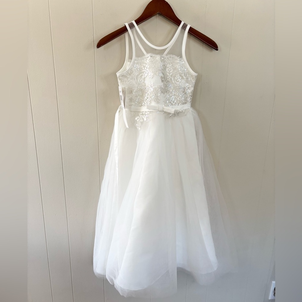 Badgley Mischka White & Silver Girls Formal Tulle Dress